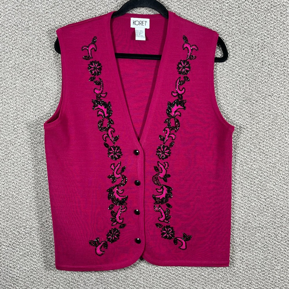VTG Koret‎ Sweater Vest Medium Pink Wool Blend Beaded Sleeveless V-Neck Knit